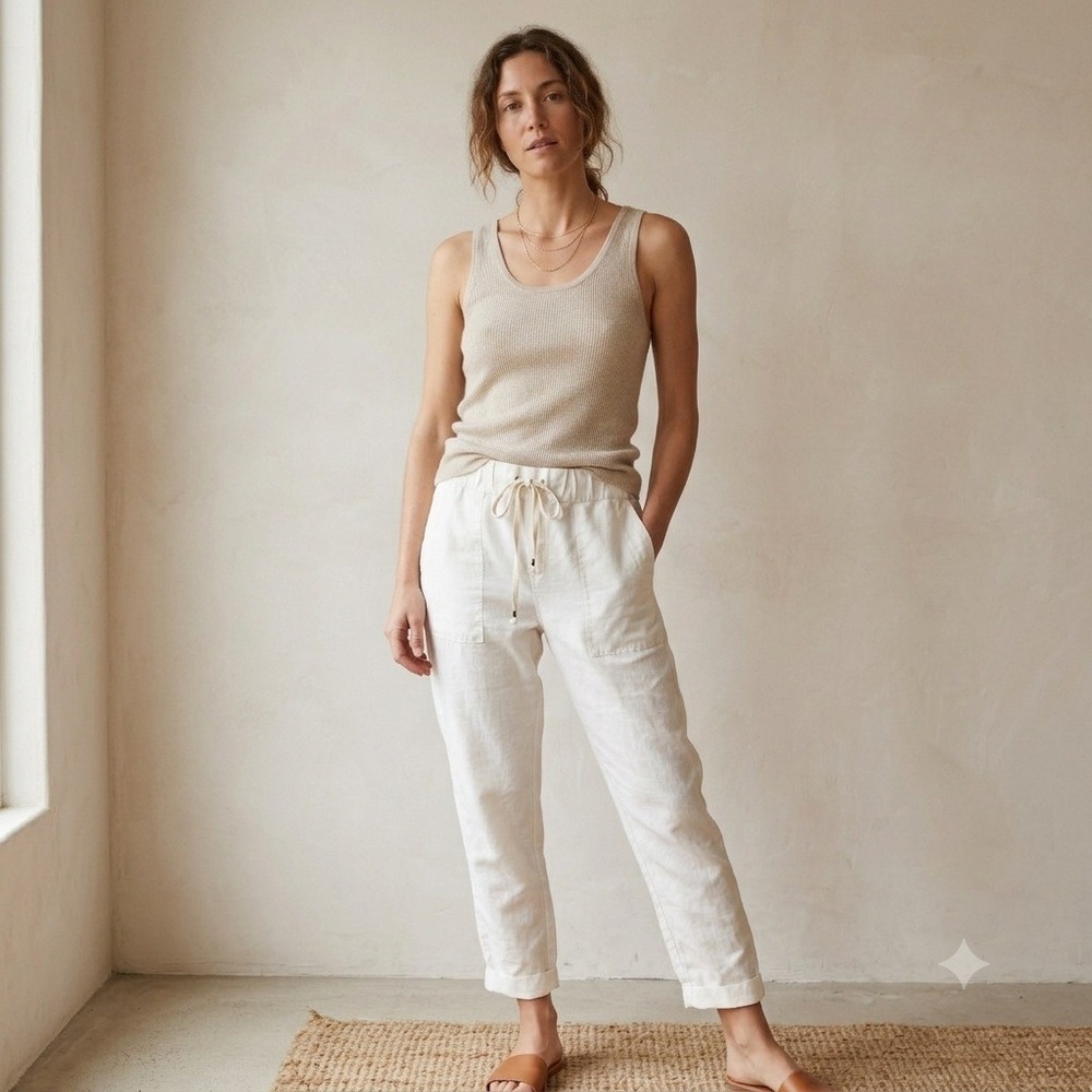 Enza‎ Costa Women Pants 1 White Drawstring Waist Linen Blend Tapered Coastal